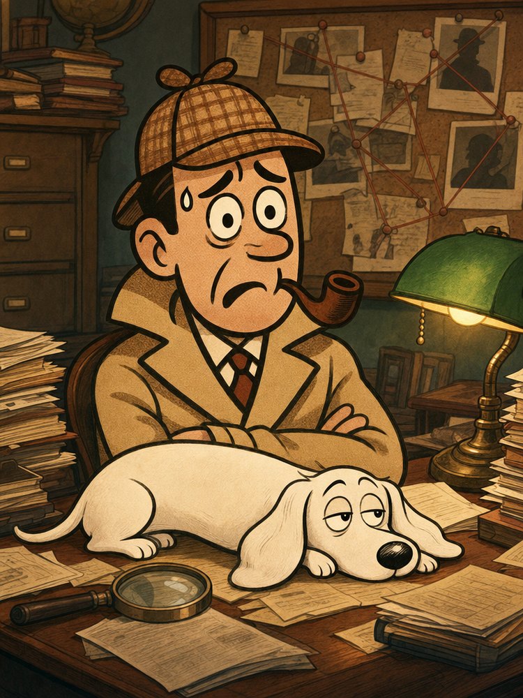 Cozy crime word search for adults — Inspector Puzzled at his cluttered detective desk, hopelessly out of his depth