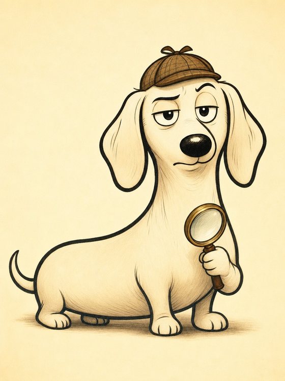 Nico the dachshund, Inspector Puzzled’s skeptical sidekick who cracks every whodunit before he does