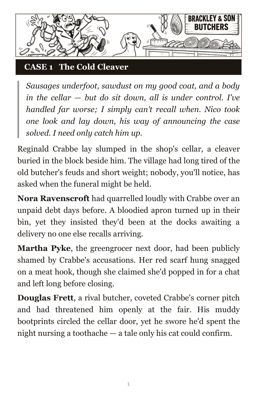 Inside the crime word search book — a case page with the short whodunit story to read