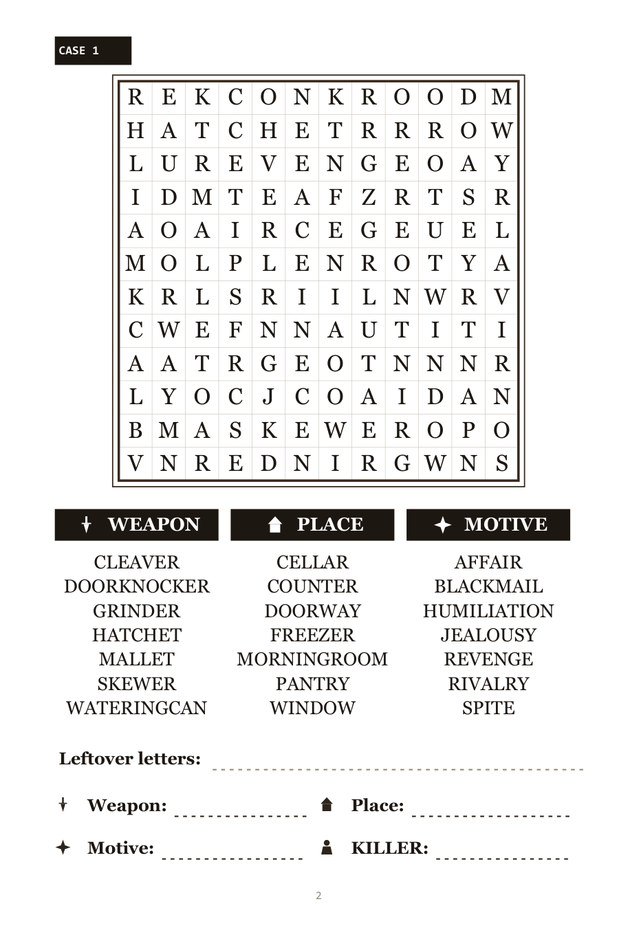 Inside the murder mystery word search — the letter grid where you hunt the hidden weapon, place and motive