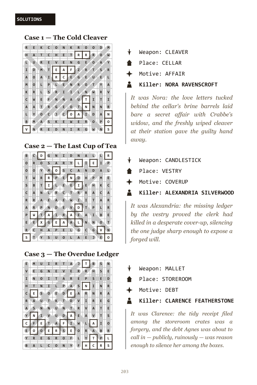 Inside the whodunit word search — a solution page with the grid solved and the culprit revealed